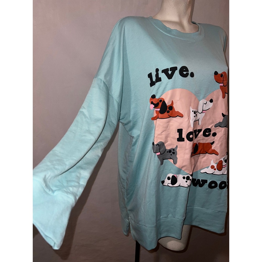New LuLaRoe Womens XL Live Love Woof Dog Graphic Teal Blue LS HANNAH Pullover - Picture 3 of 8